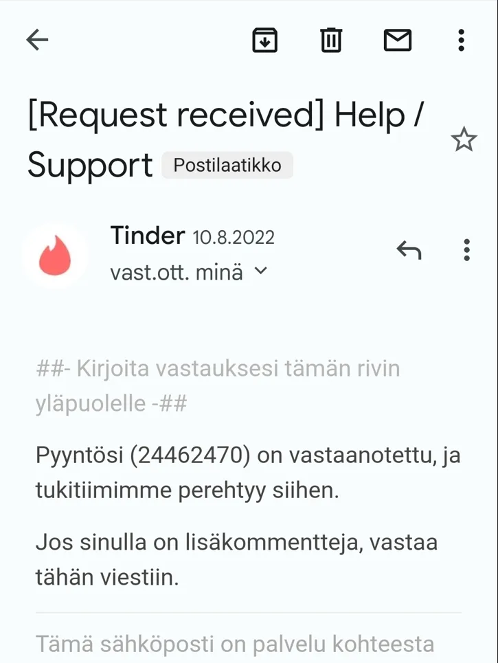1. Tinderin asiakaspalvelusta tulee automaattiviesti.