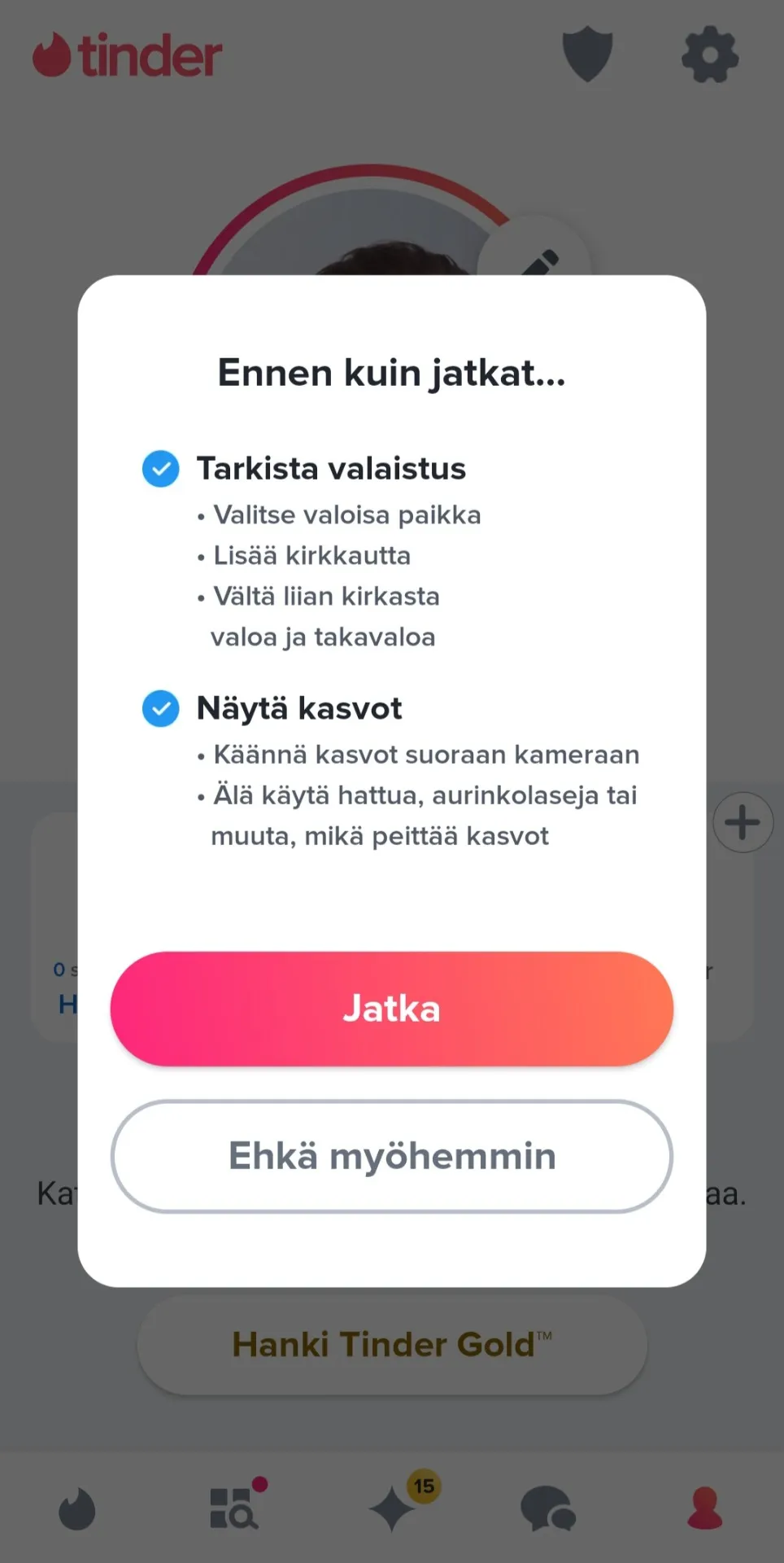 3. Klikkaa "Jatka", ja ota ohjeiden mukainen selfie-video (ei voinut ottaa kuvakaappausta).